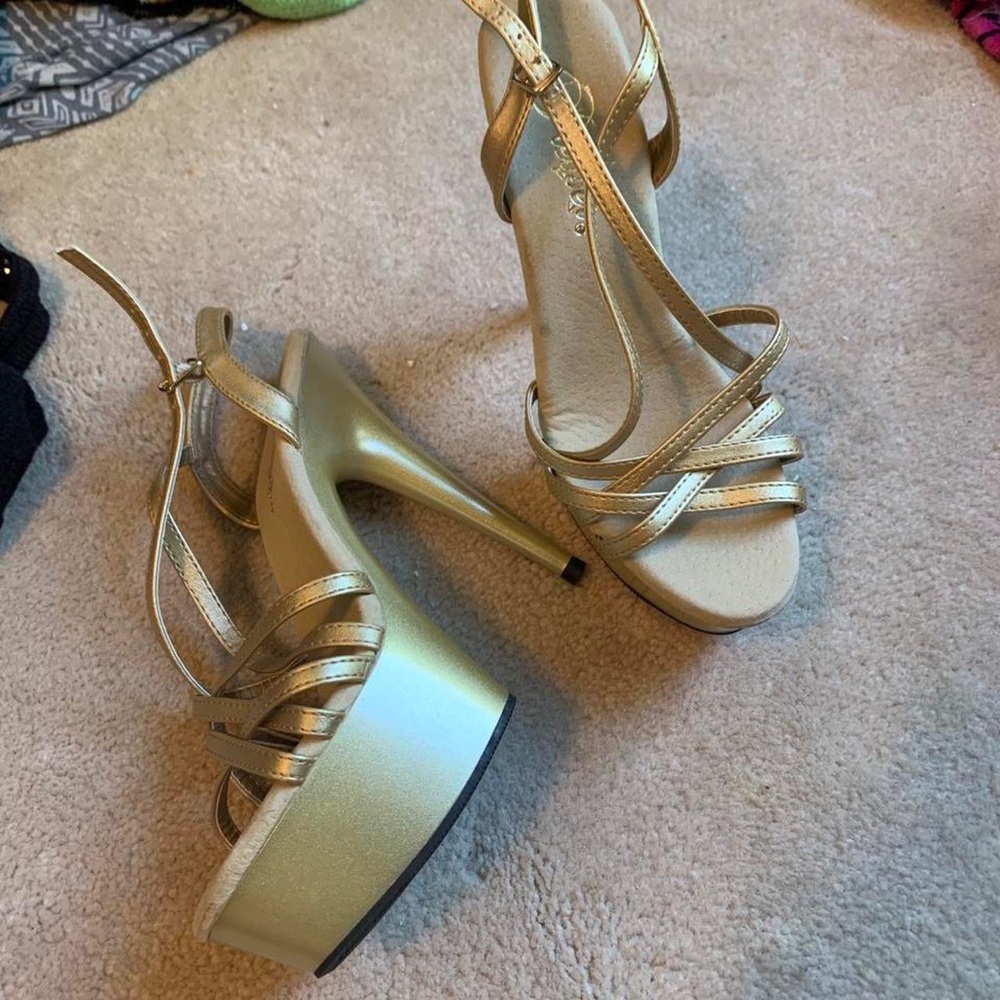 gold pleaser stiletto strappy heels open toe sandals platform